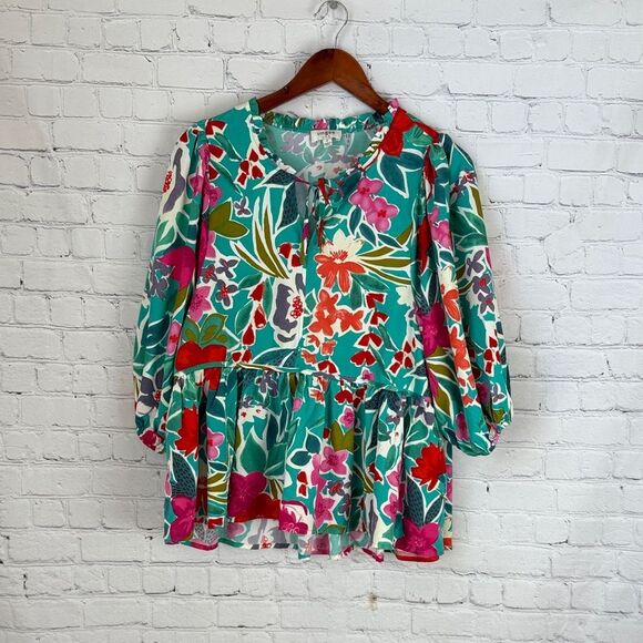 Umgee Vibrant Floral Blouse - Green and Red Small - Picture 2 of 9